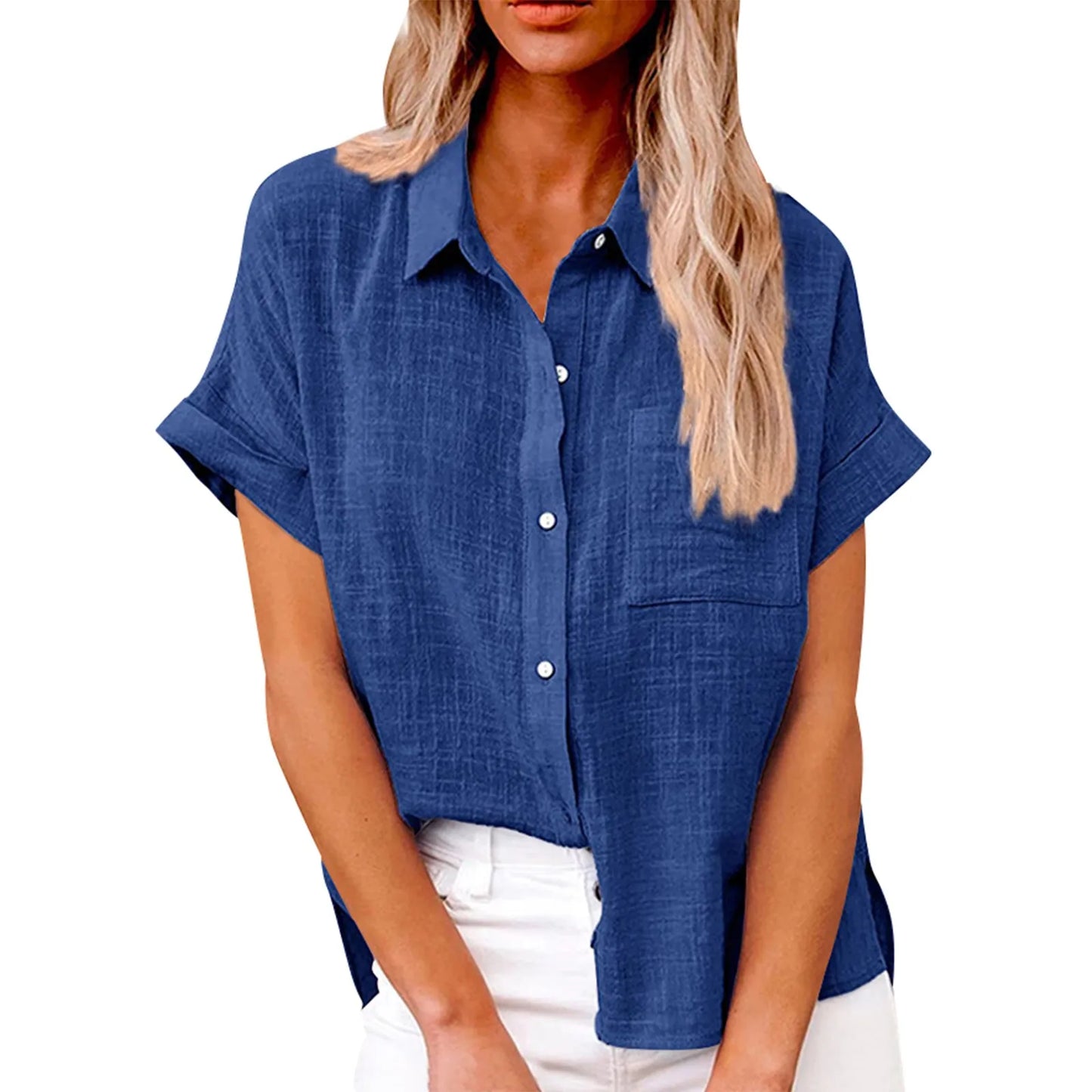 Women’s Casual Cotton Linen Short Sleeve Button-Down Shirt