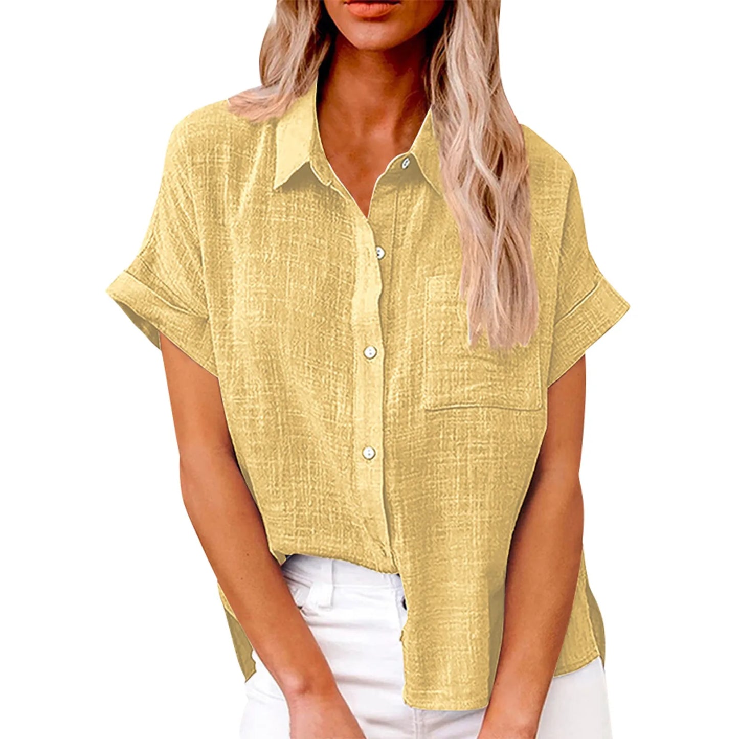 Women’s Casual Cotton Linen Short Sleeve Button-Down Shirt