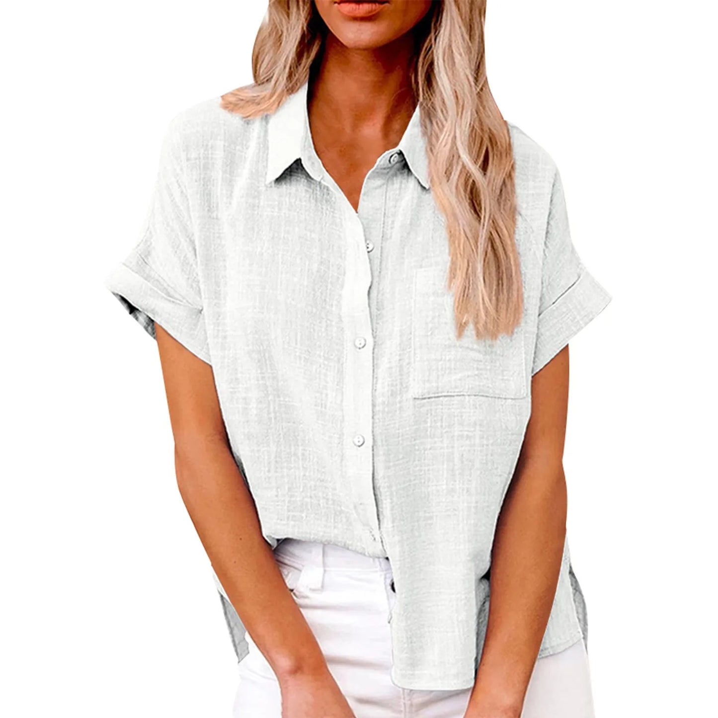 Women’s Casual Cotton Linen Short Sleeve Button-Down Shirt