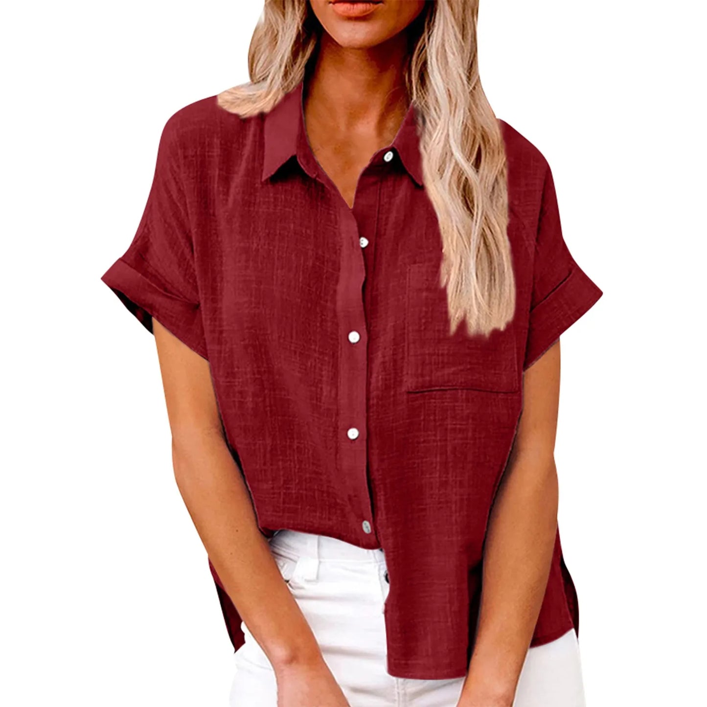Women’s Casual Cotton Linen Short Sleeve Button-Down Shirt