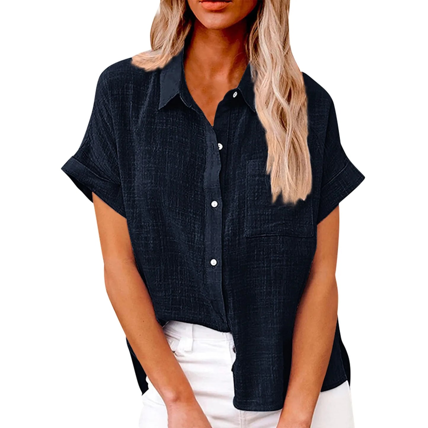 Women’s Casual Cotton Linen Short Sleeve Button-Down Shirt