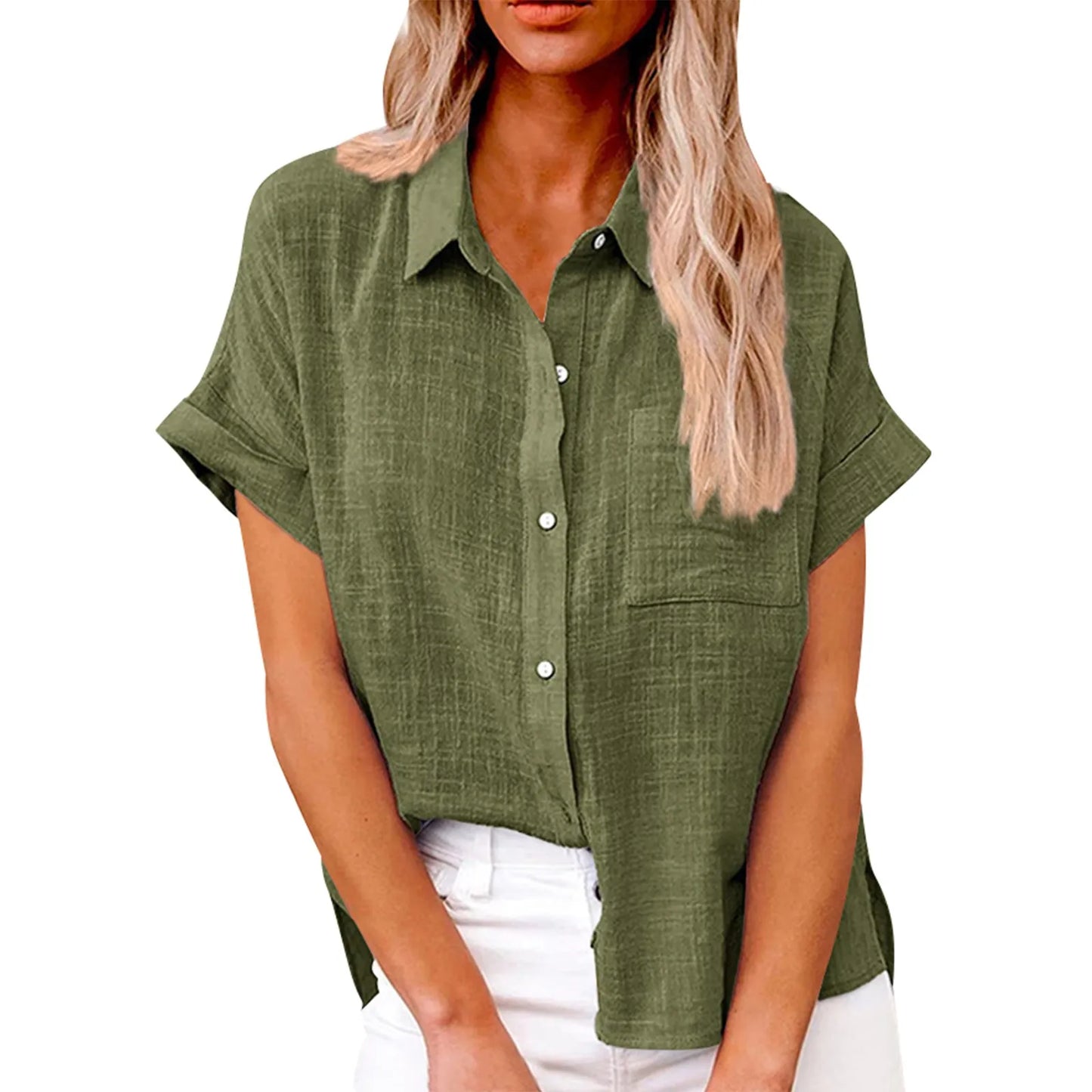 Women’s Casual Cotton Linen Short Sleeve Button-Down Shirt