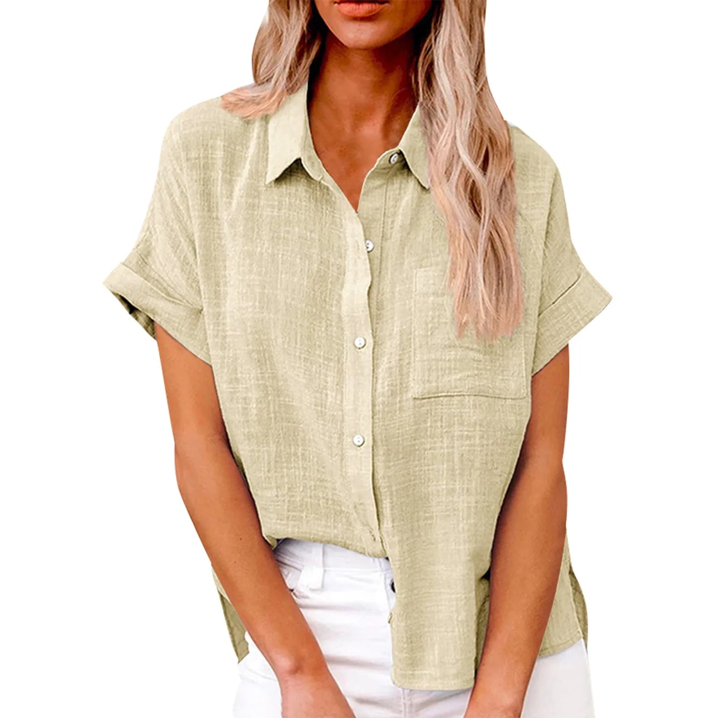 Women’s Casual Cotton Linen Short Sleeve Button-Down Shirt
