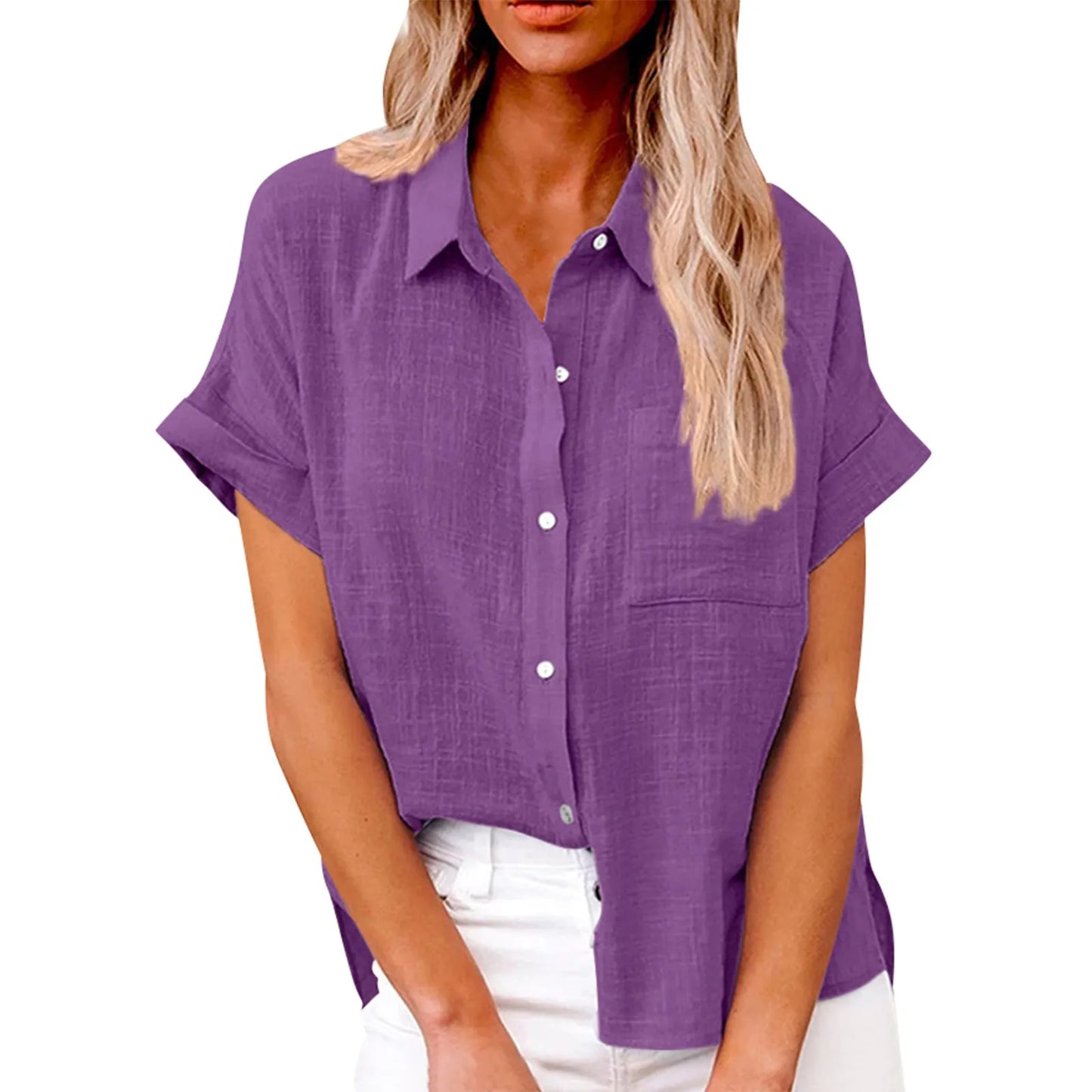 Women’s Casual Cotton Linen Short Sleeve Button-Down Shirt