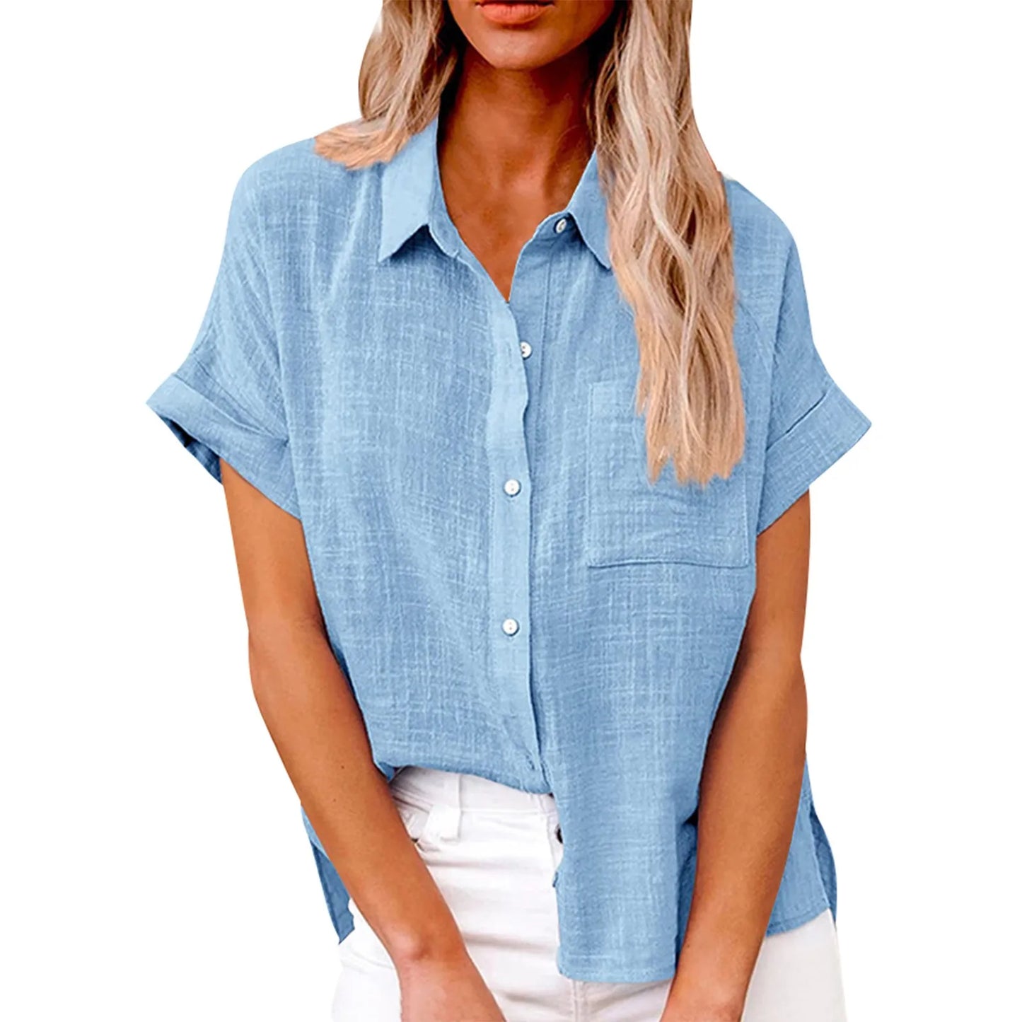 Women’s Casual Cotton Linen Short Sleeve Button-Down Shirt
