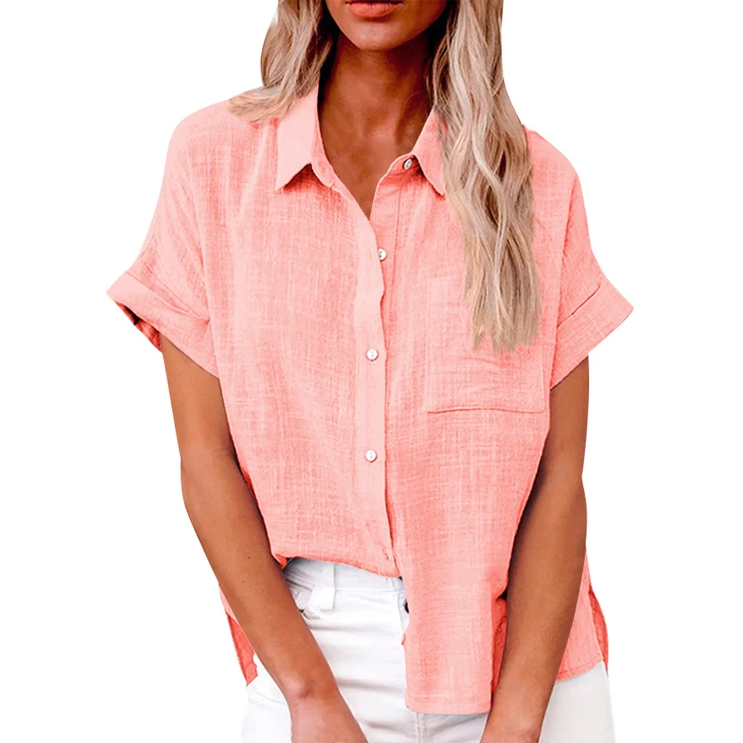 Women’s Casual Cotton Linen Short Sleeve Button-Down Shirt