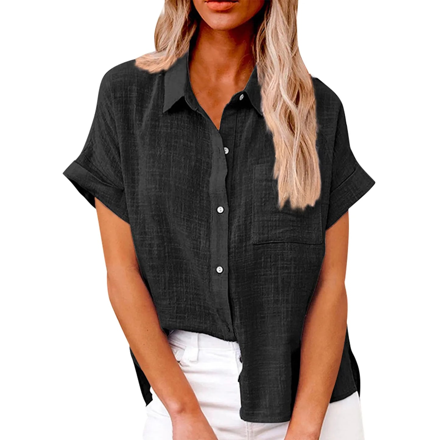 Women’s Casual Cotton Linen Short Sleeve Button-Down Shirt