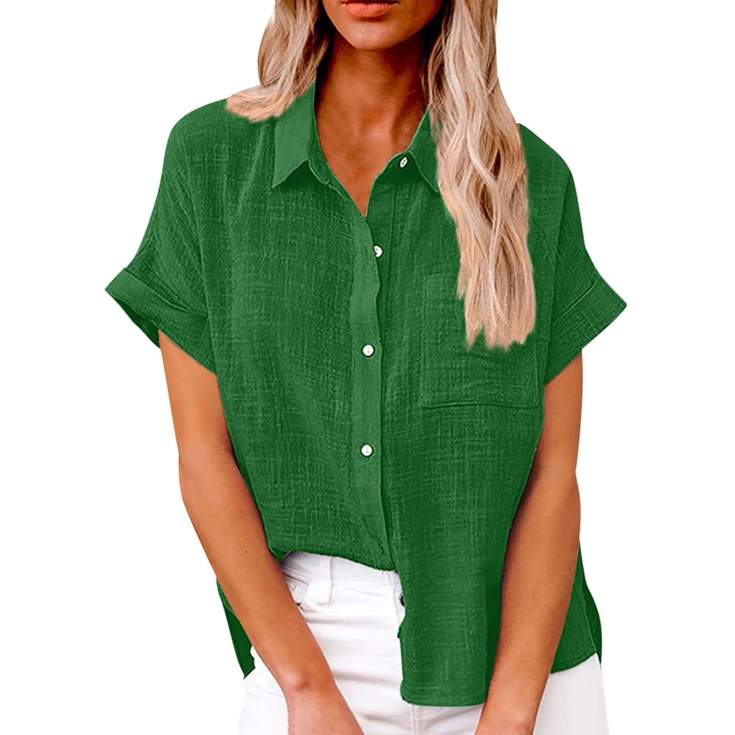 Women’s Casual Cotton Linen Short Sleeve Button-Down Shirt