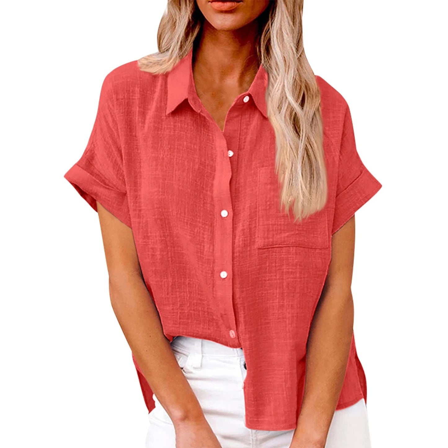 Women’s Casual Cotton Linen Short Sleeve Button-Down Shirt