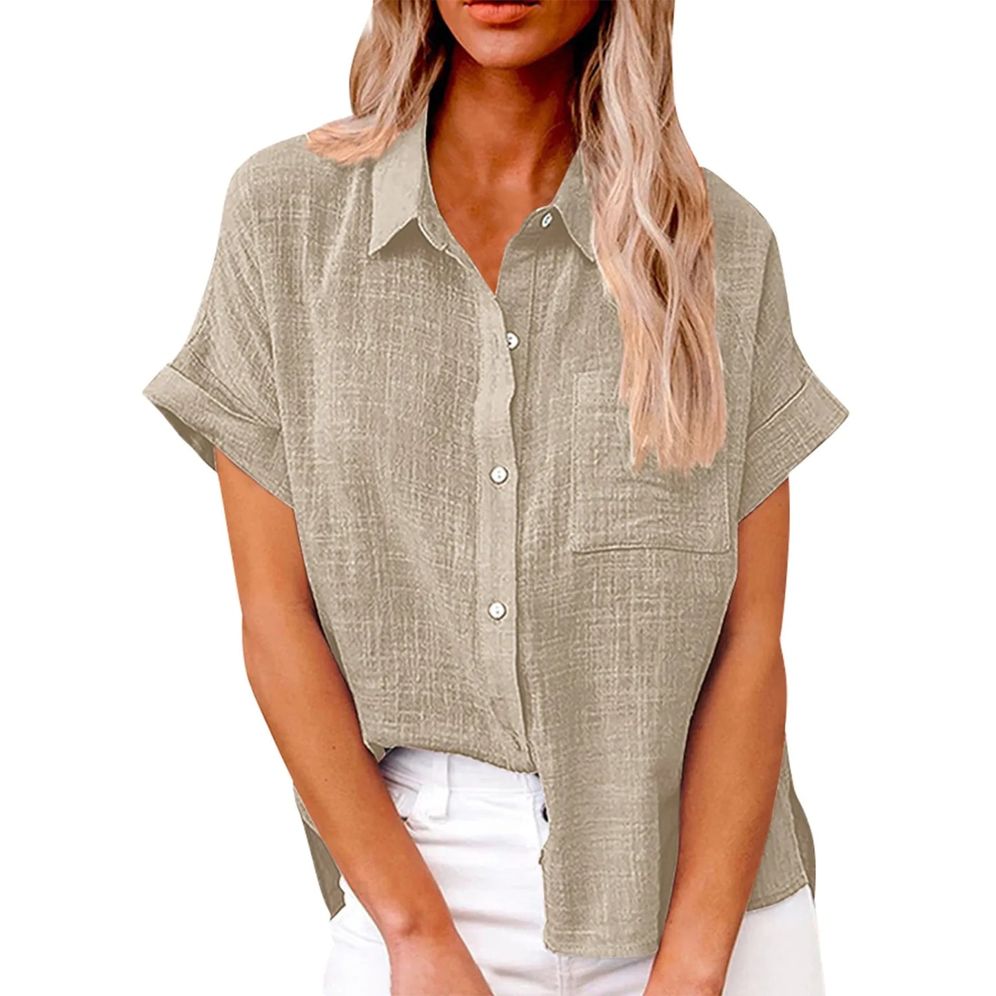 Women’s Casual Cotton Linen Short Sleeve Button-Down Shirt