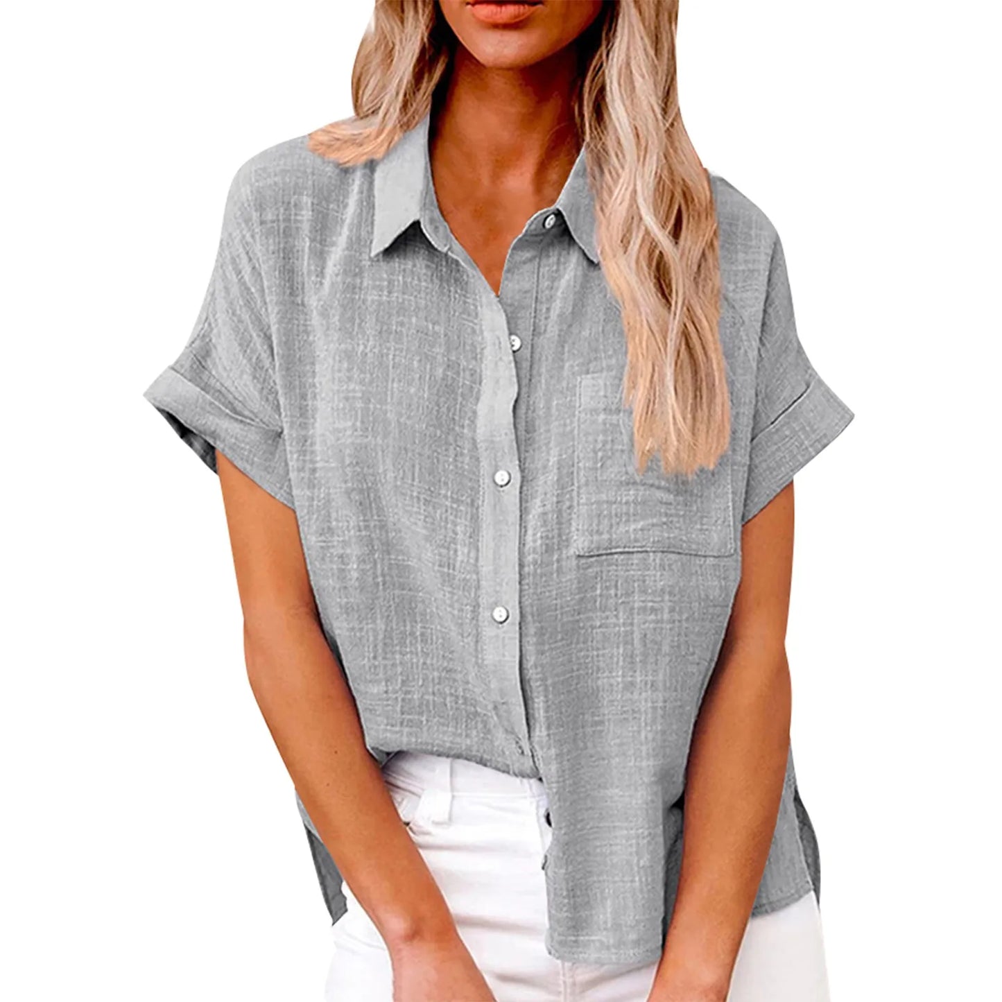 Women’s Casual Cotton Linen Short Sleeve Button-Down Shirt