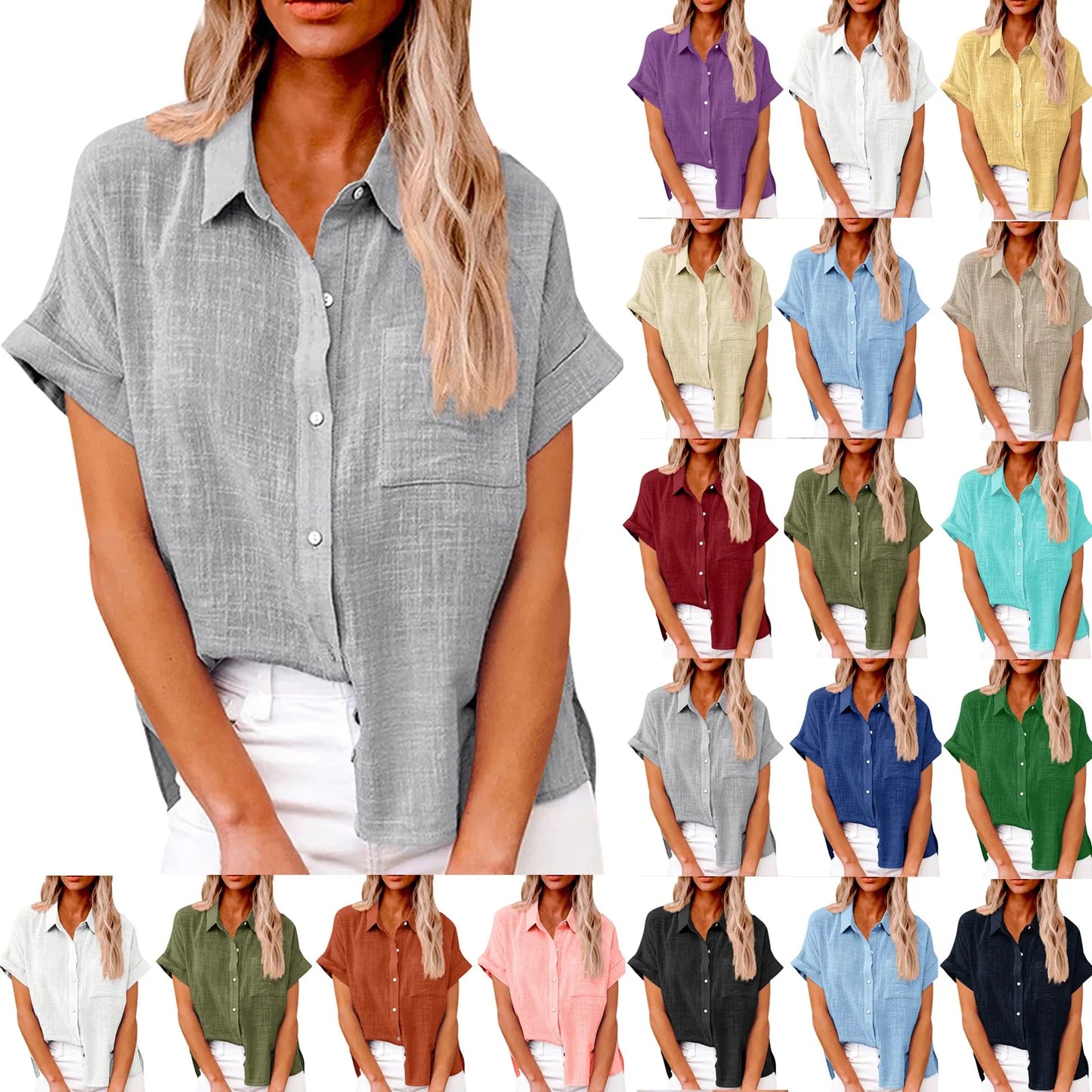 Women’s Casual Cotton Linen Short Sleeve Button-Down Shirt