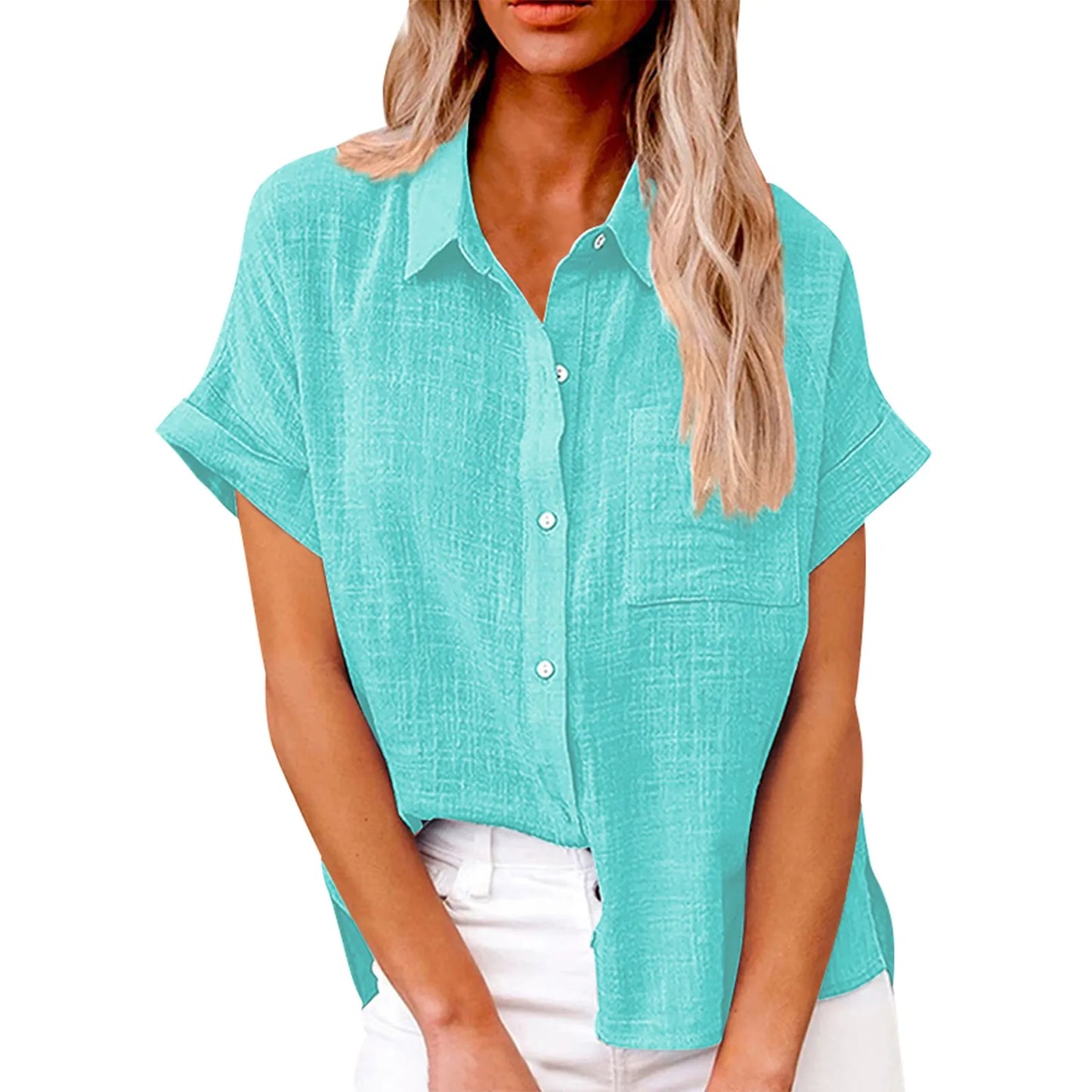 Women’s Casual Cotton Linen Short Sleeve Button-Down Shirt