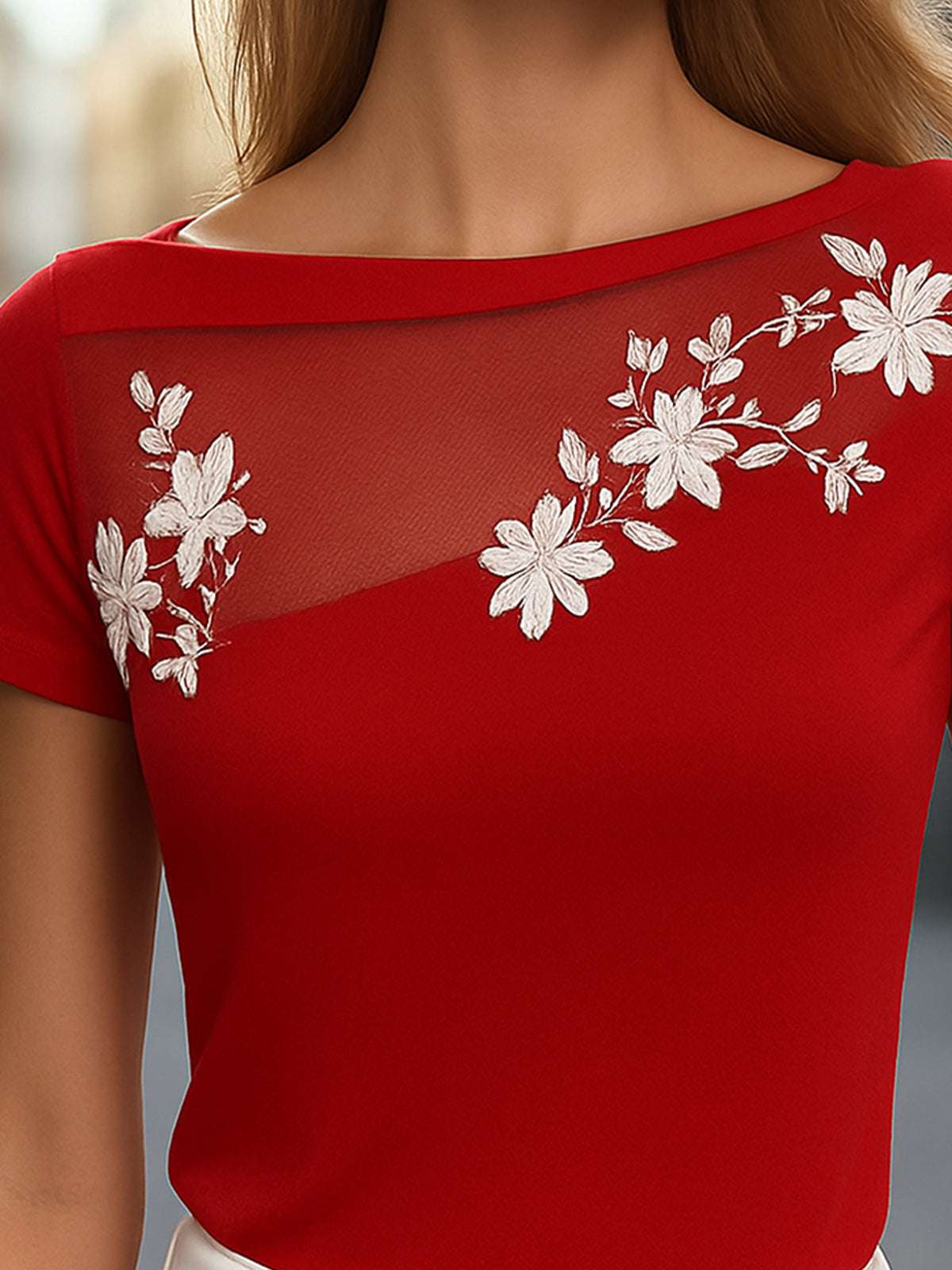 Elegant Red Floral Embroidered Mesh T-shirt
