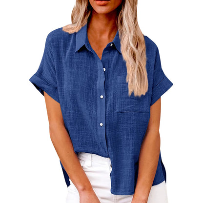 Women’s Casual Cotton Linen Short Sleeve Button-Down Shirt