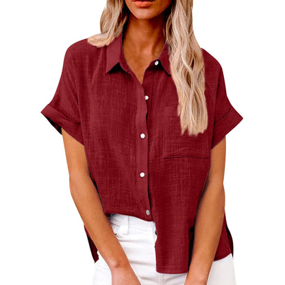 Women’s Casual Cotton Linen Short Sleeve Button-Down Shirt