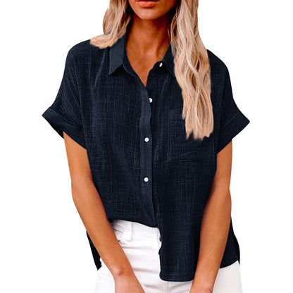 Women’s Casual Cotton Linen Short Sleeve Button-Down Shirt