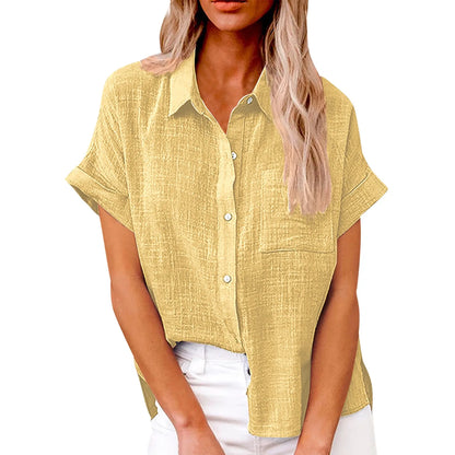 Women’s Casual Cotton Linen Short Sleeve Button-Down Shirt