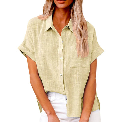 Women’s Casual Cotton Linen Short Sleeve Button-Down Shirt