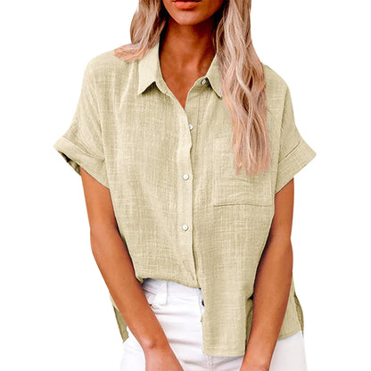 Women’s Casual Cotton Linen Short Sleeve Button-Down Shirt