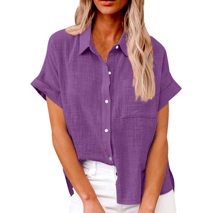 Women’s Casual Cotton Linen Short Sleeve Button-Down Shirt
