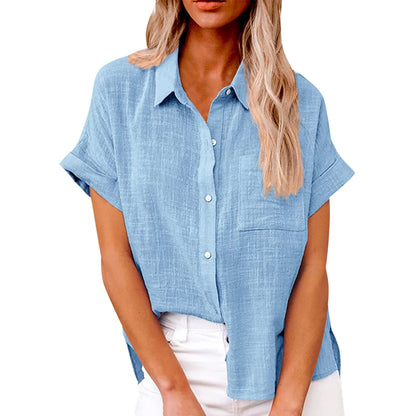 Women’s Casual Cotton Linen Short Sleeve Button-Down Shirt