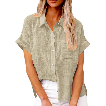 Women’s Casual Cotton Linen Short Sleeve Button-Down Shirt