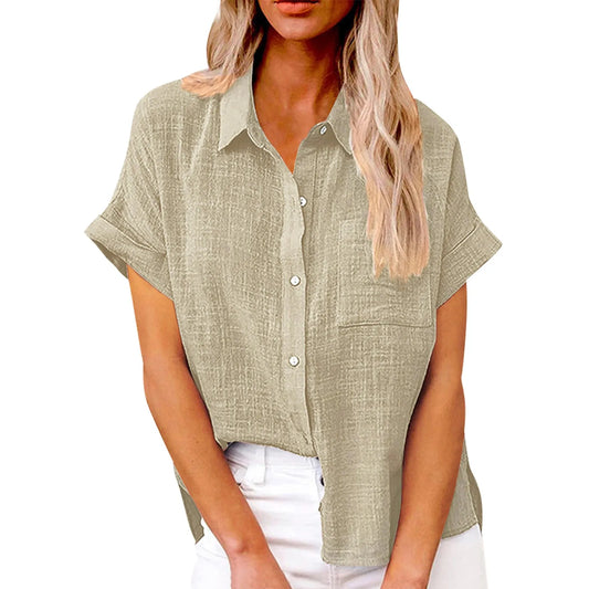 Women’s Casual Cotton Linen Short Sleeve Button-Down Shirt