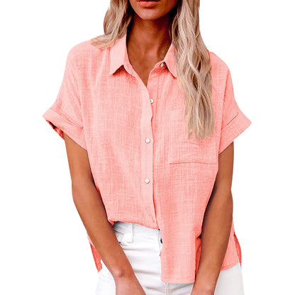 Women’s Casual Cotton Linen Short Sleeve Button-Down Shirt