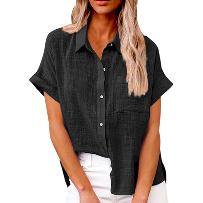 Women’s Casual Cotton Linen Short Sleeve Button-Down Shirt