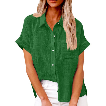 Women’s Casual Cotton Linen Short Sleeve Button-Down Shirt