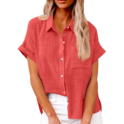 Women’s Casual Cotton Linen Short Sleeve Button-Down Shirt