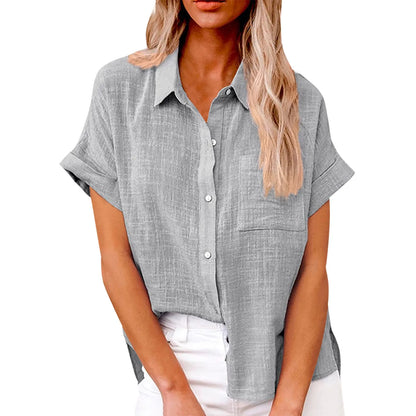 Women’s Casual Cotton Linen Short Sleeve Button-Down Shirt