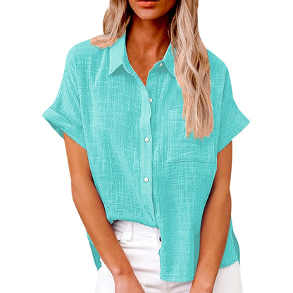 Women’s Casual Cotton Linen Short Sleeve Button-Down Shirt