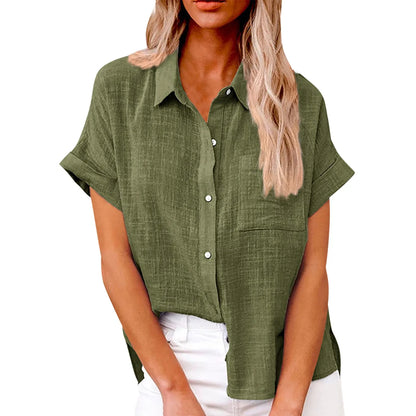 Women’s Casual Cotton Linen Short Sleeve Button-Down Shirt