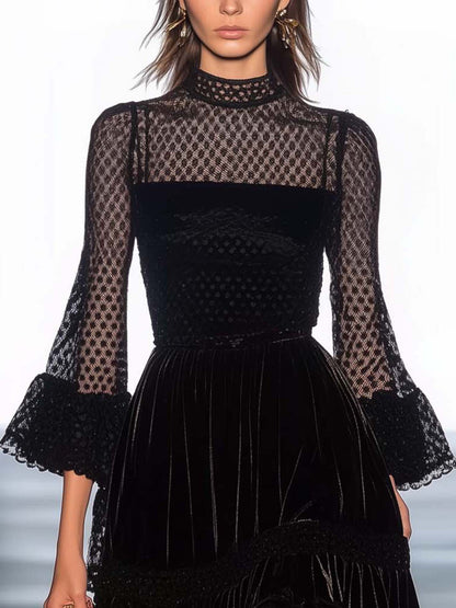 Black Velvet Mini Dress With Stylish Mesh Stitching