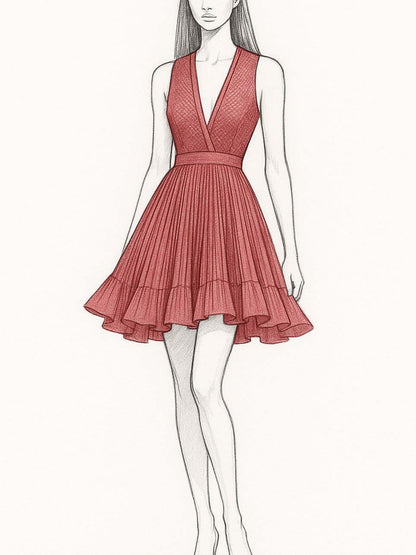 Sleeveless  Red Chiffon Mini Dress With Mesh