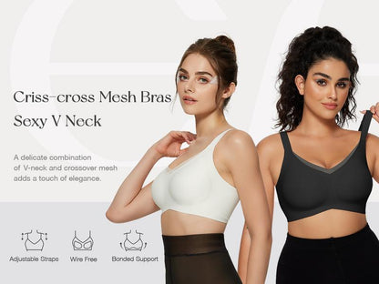 Wireless V-Neck Crossover Mesh Support Bra